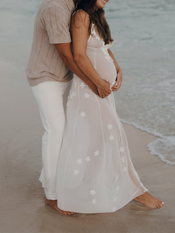 fotobeyou Cut Out Lace Patchwork V-Neck Sheer Side Slit Sleeveless Photoshoot Maternity Maxi Dress