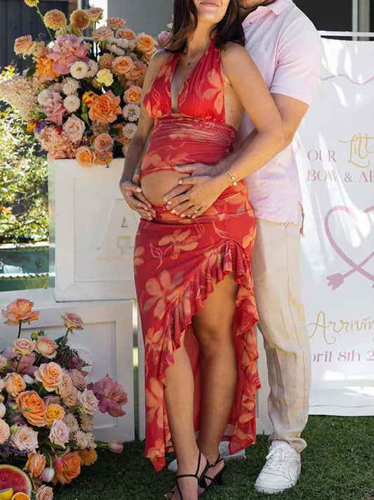 Floral Crop Ruffle Side Slit Backless 2-in-1 Chic Maternity Maxi Dress