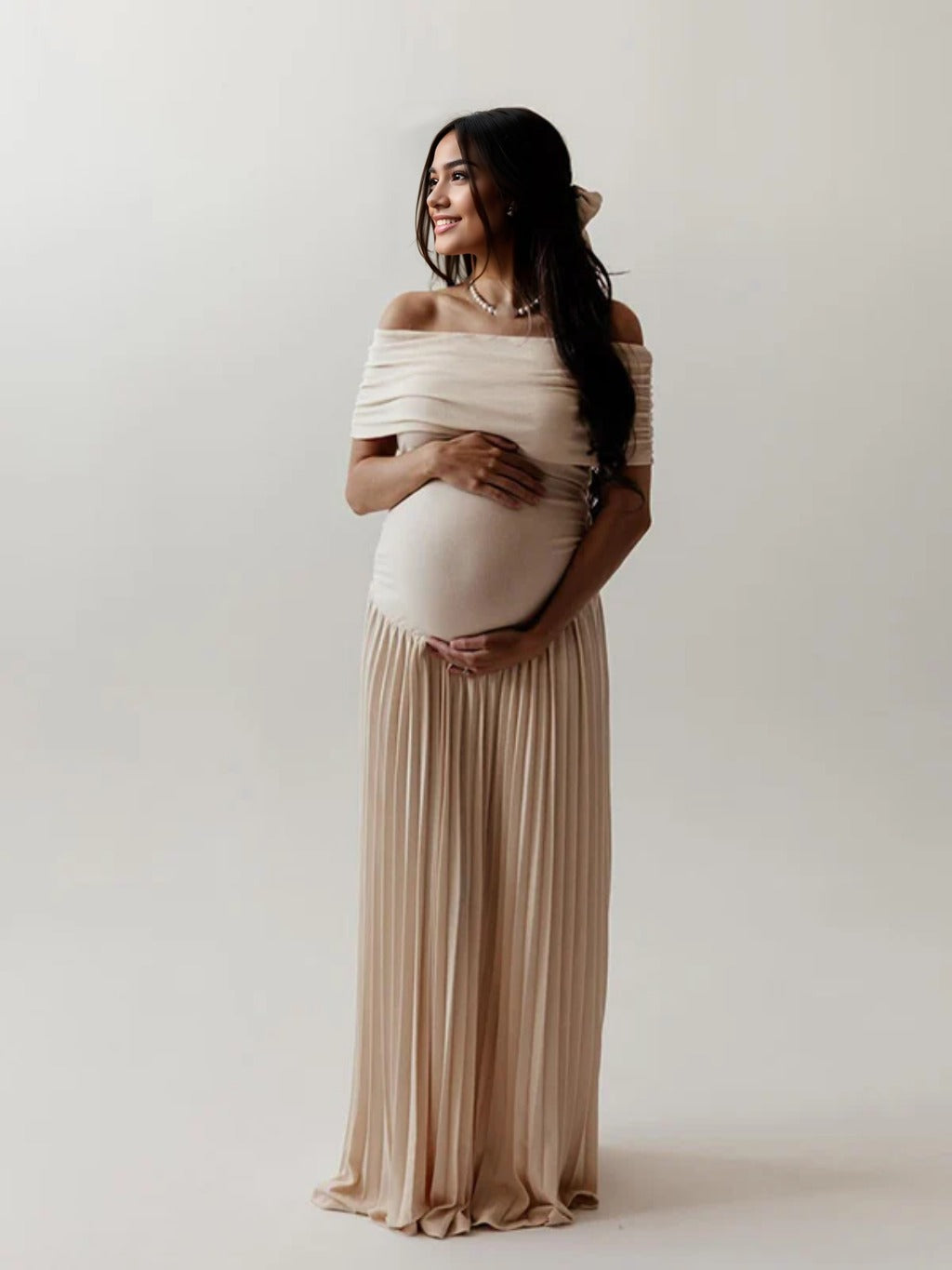 fotobeyou Apricot Off Shoulder Ruched Pleated Big Swing Maternity Baby Shower Maxi Dress