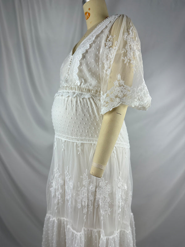 fotobeyou White Lace Ruffle Embroidery Boho Plus Photoshoot Maternity Maxi Dress