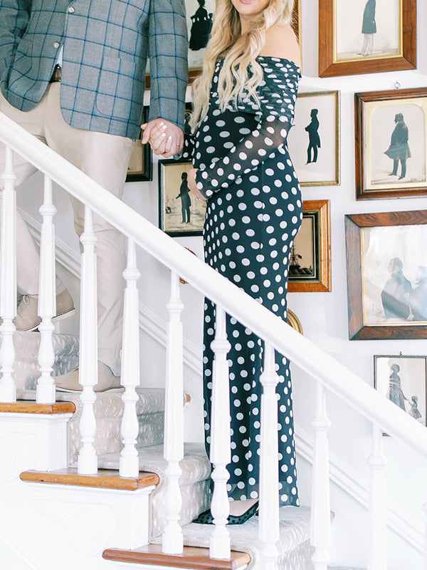 fotobeyou Black And White Polka Dot Off Shoulder Ruched Bodycon Elegant Going Out Cocktail Maternity Photoshoot Maxi Dress