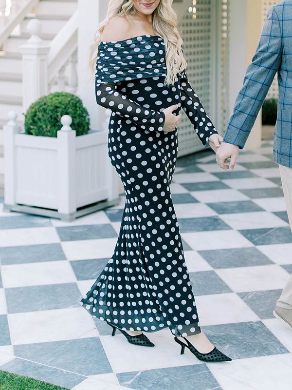 fotobeyou Black And White Polka Dot Off Shoulder Ruched Bodycon Elegant Going Out Cocktail Maternity Photoshoot Maxi Dress