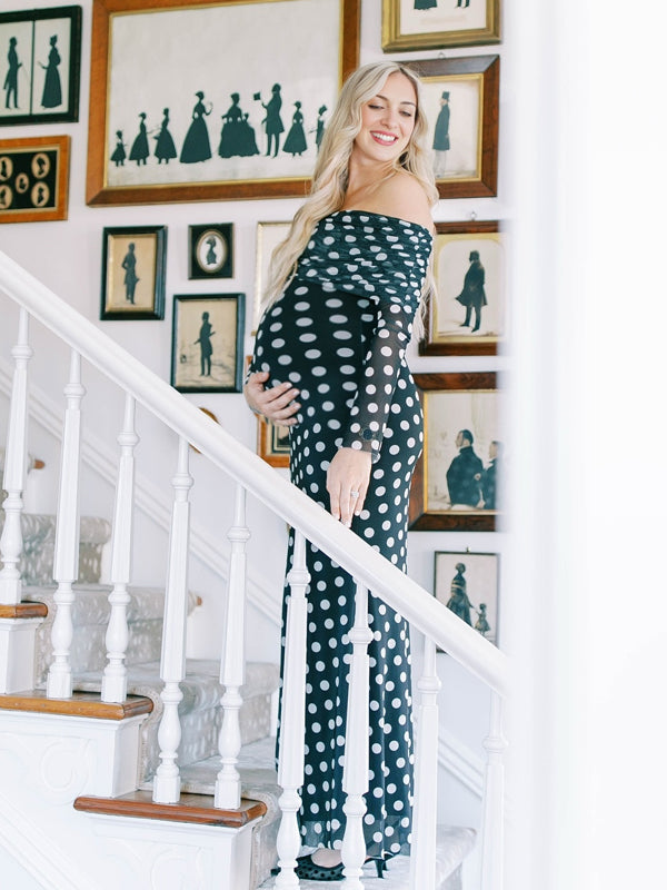 fotobeyou Black And White Polka Dot Off Shoulder Ruched Bodycon Elegant Going Out Cocktail Maternity Photoshoot Maxi Dress