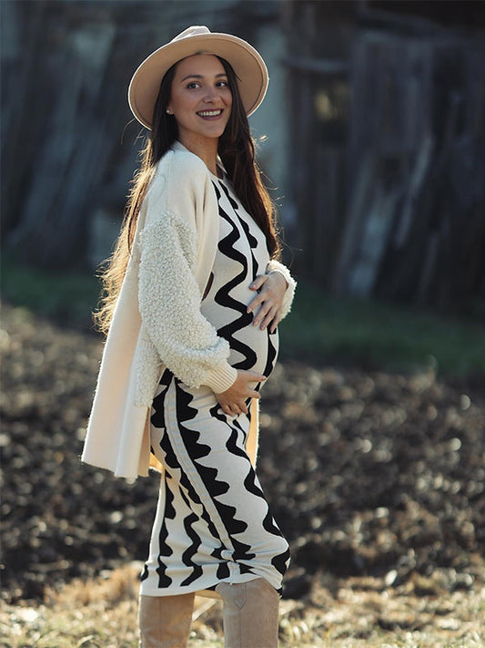 fotobeyou Beige Wavy Edge Cut Out Bodycon Elegant Photoshoot Baby Shower Maternity Maxi Sweater Dress