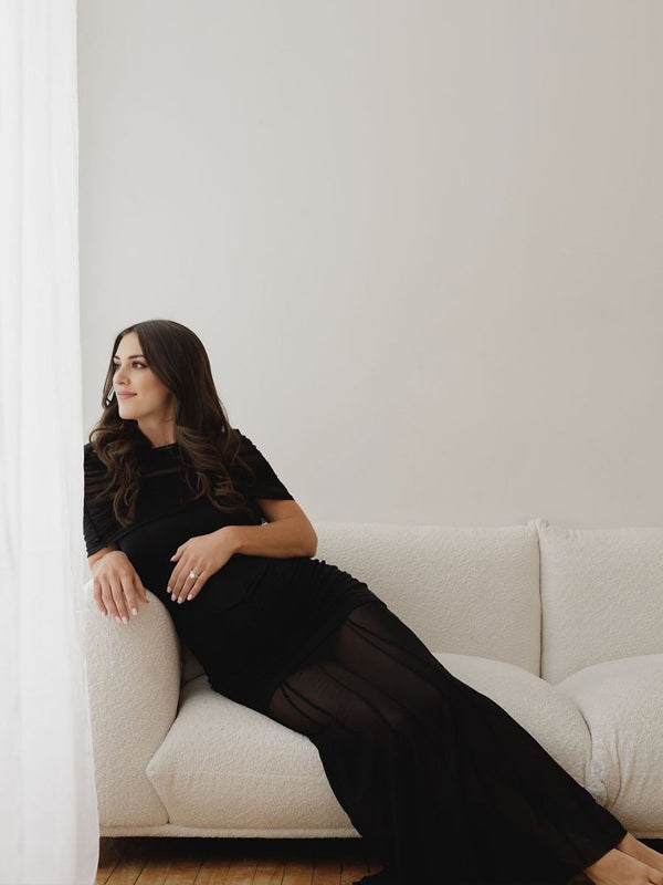 fotobeyou Sheer Mesh Ruched Bandeau Off Shoulder Long Sleeve Mermaid Elegant Cocktail Party Gown Maternity Photoshoot Baby Shower Maxi Dress
