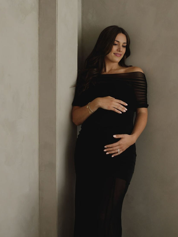 fotobeyou Sheer Mesh Ruched Bandeau Off Shoulder Long Sleeve Mermaid Elegant Cocktail Party Gown Maternity Photoshoot Baby Shower Maxi Dress