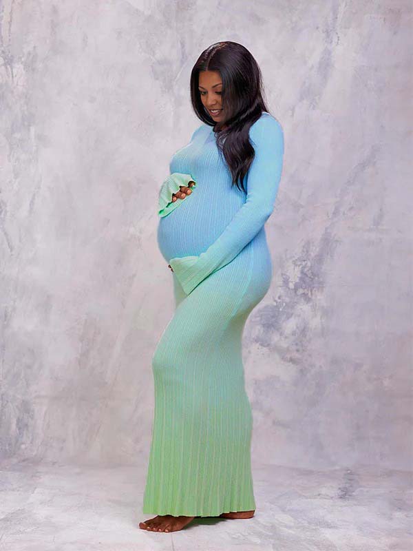 fotobeyou Light Blue Hit Color Flare Sleeve Mermaid Elegant Photoshoot Baby Shower Maternity Maxi Sweater Dress