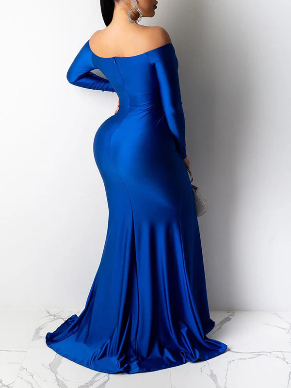 fotobeyou Blue Off Shoulder Long Sleeve High Split Bodycon Solid Baby Shower Party Gown Maternity Maxi Dress