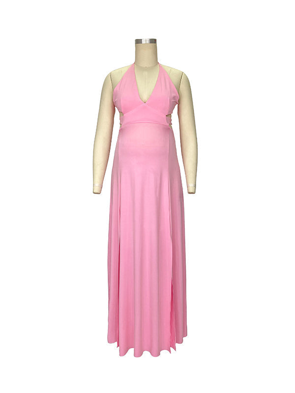 fotobeyou Pink V-neck Spaghetti Strap Halter Neck Backless Cami Slit Baby Shower Plus Size Maternity Maxi Dress