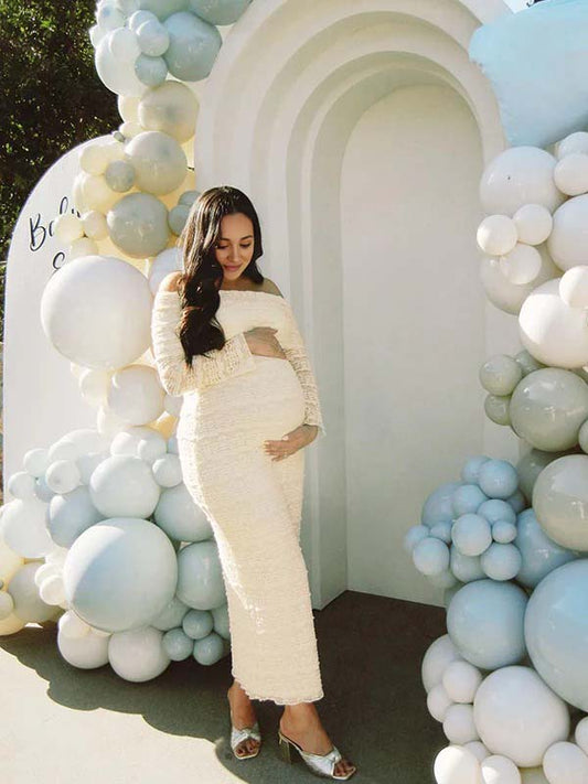 fotobeyou Beige Lace Off Shoulder Ruffle Falbala Bodycon Elegant Maternity Baby Shower Maxi Dress