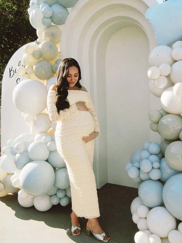 fotobeyou Beige Lace Off Shoulder Ruffle Falbala Bodycon Elegant Maternity Baby Shower Maxi Dress