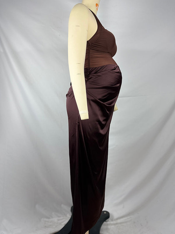 fotobeyou Mesh Patchwork Ruched Cut Out Halter Neck Backless Bodycon Elegant Maternity Baby Shower Party Maxi Dress