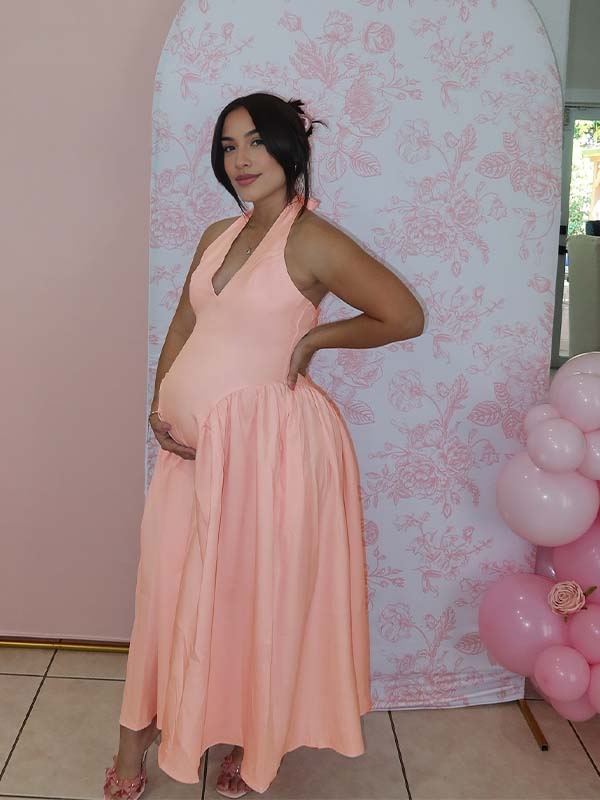 fotobeyou Halter Neck Deep V-neck Flowy Baby Shower Maternity Maxi Dress