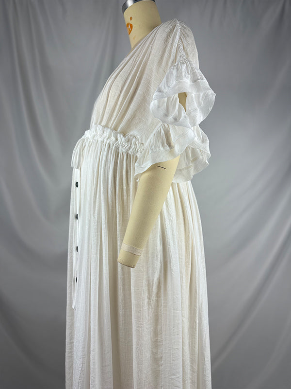 fotobeyou White Deep V-neck Button Down Boho Plus Photoshoot Maternity Maxi Dress