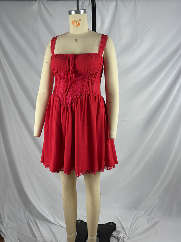 fotobeyou Cherry Red Lace-up Corset Lace Trim A-line Elegant Party Maternity Baby Shower Mini Dress