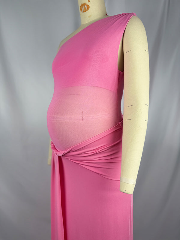 Pink One Shoulder Ruched Mesh ELegant Maternity Maxi Dress