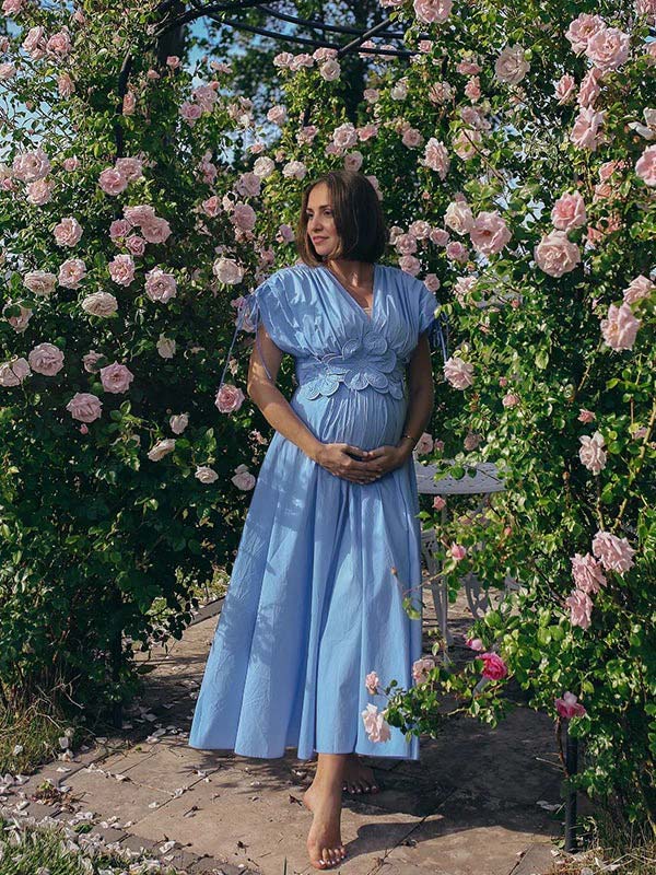 fotobeyou Blue 3D Flowers Fleated Drawstring Big Swing Deep V-neck Elegant Holiday Vacation Maternity Photoshoot Baby Shower Maxi Dress