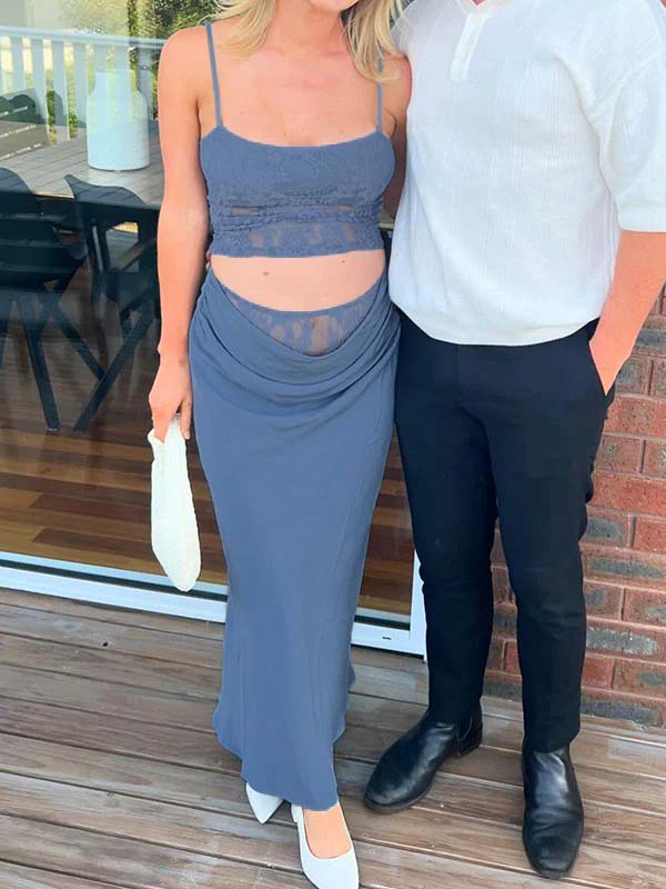 fotobeyou Lace Patchwork Ruched Two Piece Set Cami Crop Top And Maxi Bodycon Skirt Elegant Maternity Photoshoot Maxi Dress