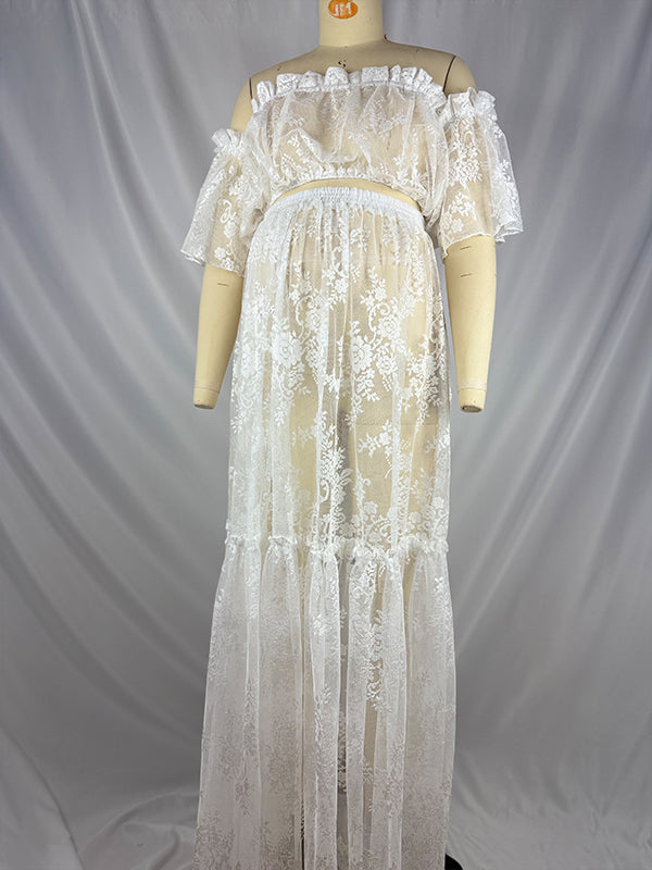 fotobeyou White Boho Lace Bandeau Crop Ruffle 2-in-1 Side Slit Photoshoot Maternity Maxi Dress