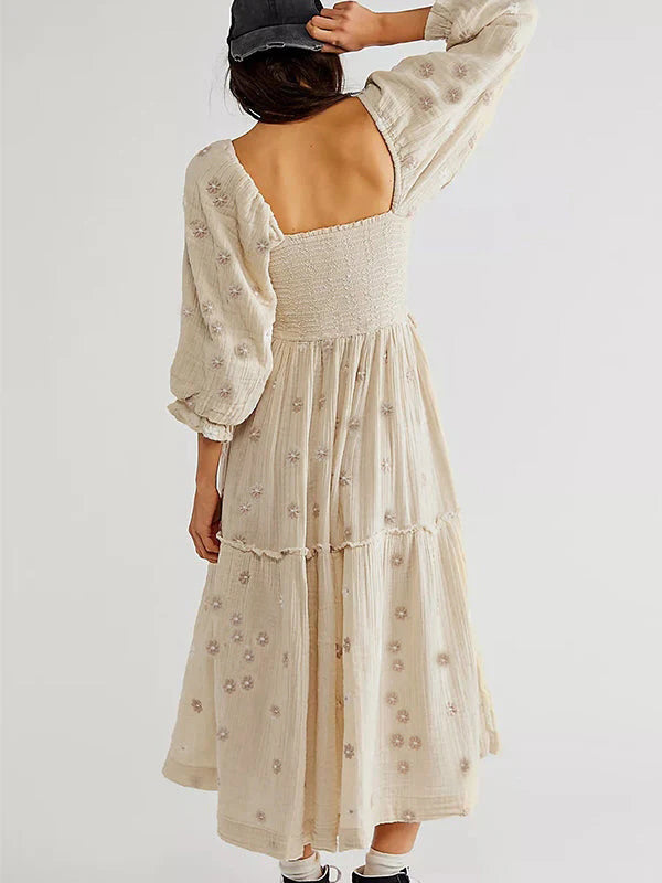 fotobeyou Apricot Daisy Print Smocked Off Shoulder Ruffle Big Swing Elegant Vacation Maternity Photoshoot Baby Shower Party Maxi Dress