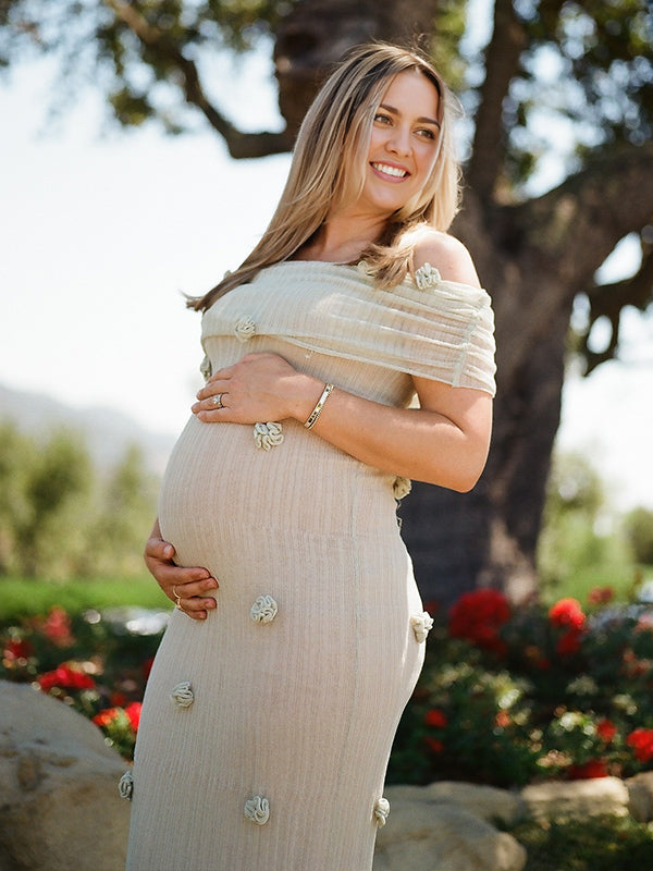 Matcha Knit 3D Flowers Off Shoulder Elegant Maternity Maxi Dress