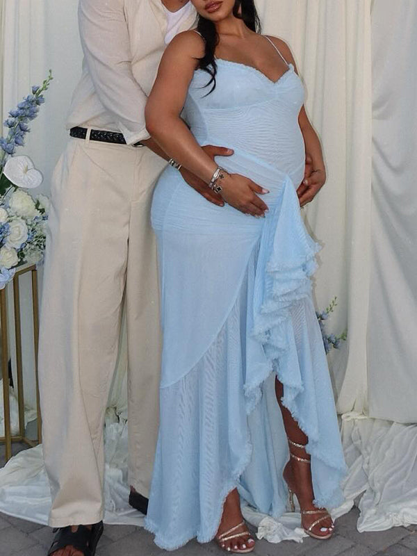 Blue Mesh Ruched Ruffle High-Low Mermaid Cami Elegant Maternity Maxi Dress