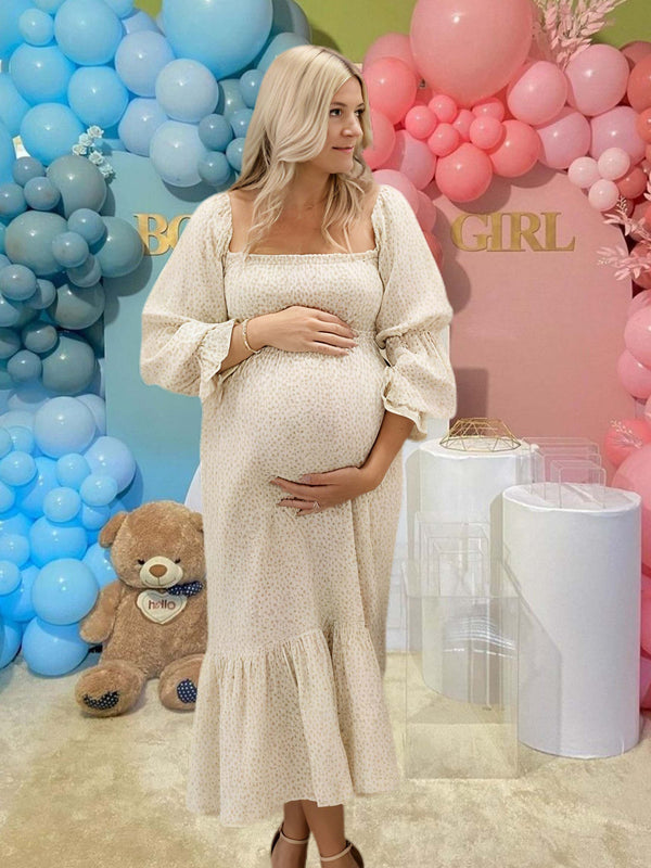 fotobeyou Ruffle Ruched High Waist Puff Sleeve Cute Gender Reveal Maternity Maxi Dress