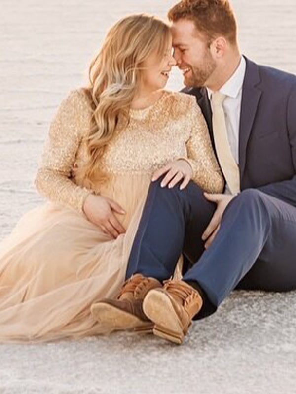 fotobeyou Sequin Tulle Splicing Long Sleeve Maternity Gender Reveal Maxi Dress