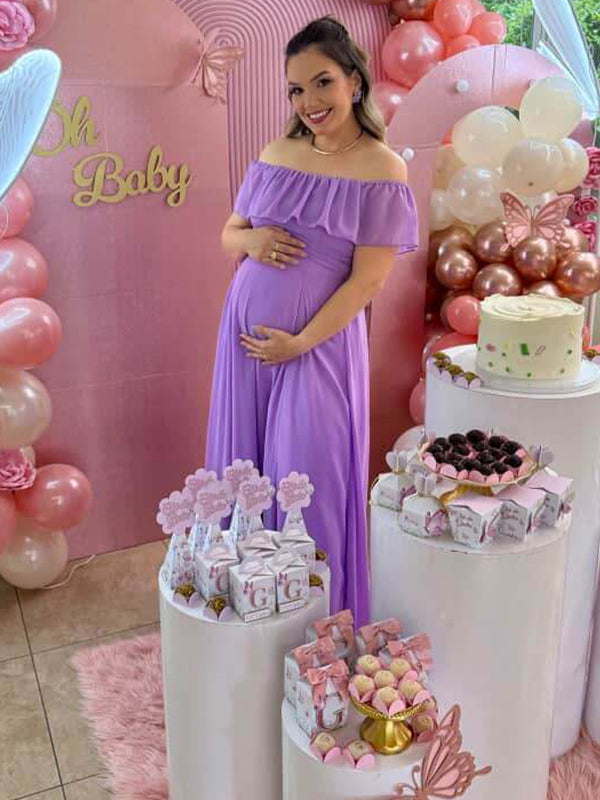 fotobeyou Flowy Chiffon Off Shoulder Ruffle Falbala Side Slit Big Swing Elegant Evening Gown Maternity Photoshoot Baby Shower Maxi Dress