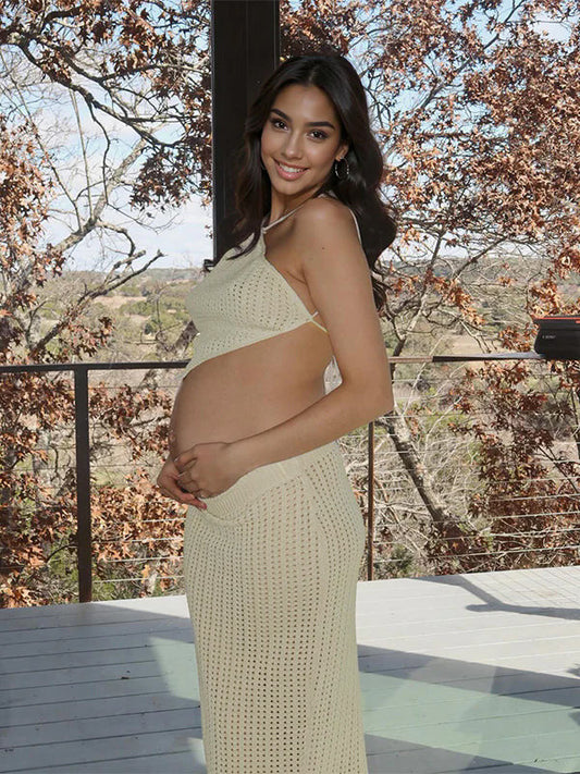 fotobeyou Beige 2 Piece Halter Neck Crochet Fashion Beach Vacation Bodycon Maternity Maxi Dress