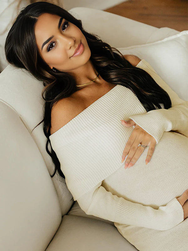 fotobeyou Off Shoulder Knit Bodycon Mermaid Going Out Baby Shower Maternity Sweater Maxi Dress