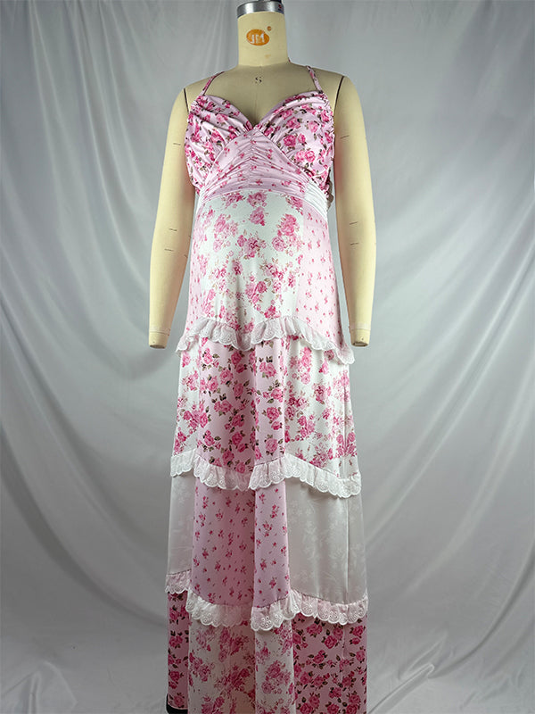 Pink Lace Floral Ruffle Baby Girl Shower Maternity Maxi Dress