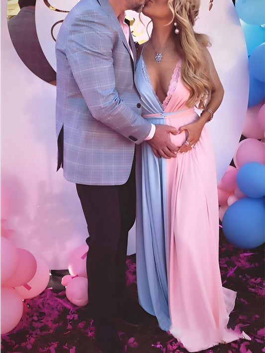 fotobeyou Pink&Blue Lace Backless Side Slit Gender Reveal Cute Maternity Maxi Dress