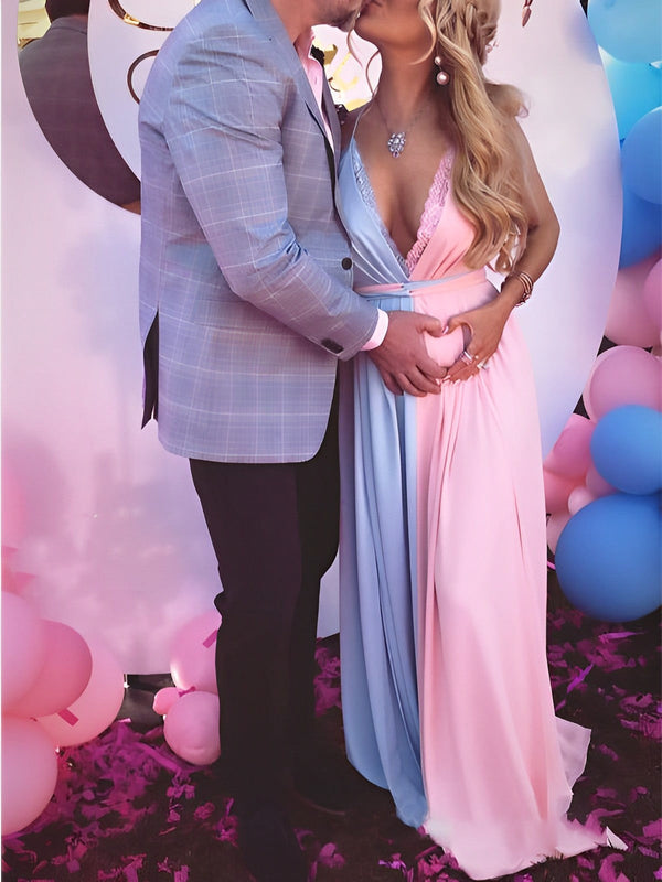 fotobeyou Pink&Blue Lace Backless Side Slit Gender Reveal Cute Maternity Maxi Dress