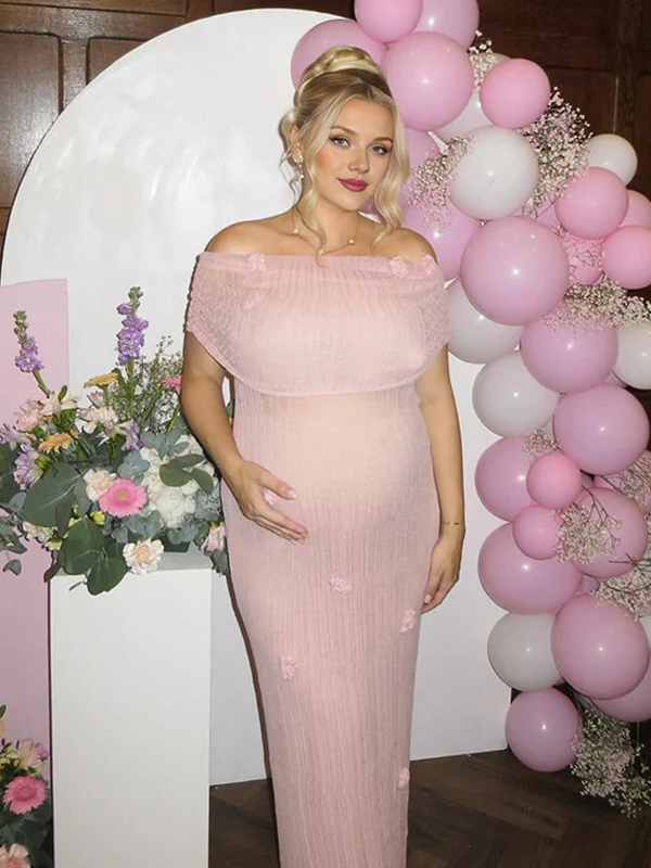 fotobeyou Grenadine Off Shoulder 3D Flowers Bodycon Elegant Photoshoot Babyshower Maternity Maxi Dress