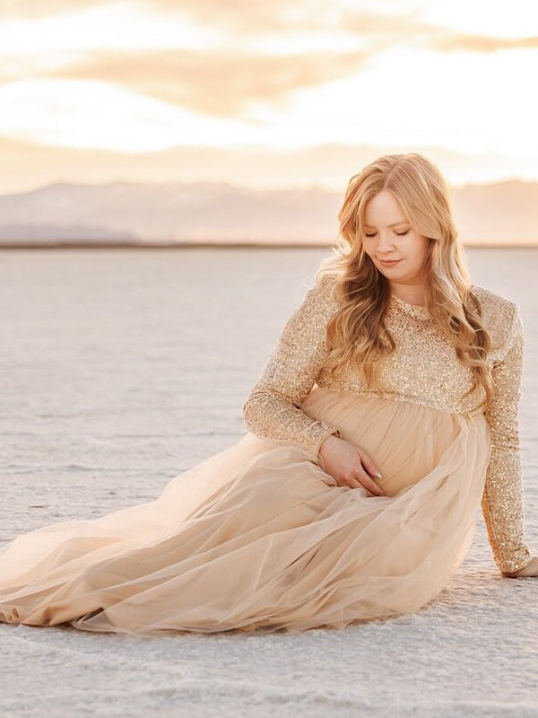 fotobeyou Sequin Tulle Splicing Long Sleeve Party Gown Photoshoot Maternity Baby Shower Maxi Dress