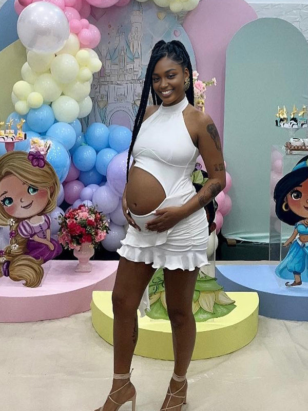 Fotobeyou White Halter Neck Backless Crop Maternity Baby Shower Mini Dress