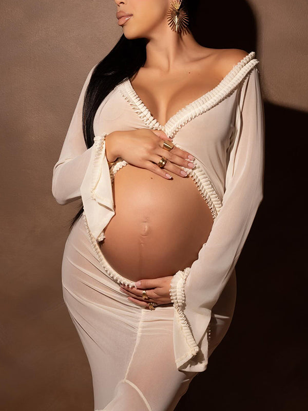 fotobeyou White Ruffle Cut Out Crop Irregular Split Sheer Vacation Dress Bodycon Photoshoot Maternity Maxi Dress