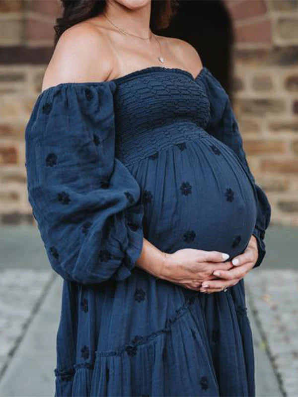 fotobeyou Sun Flowers Square Smocked Neck Puff Sleeve Big Swing Flowy Baby Shower Photoshoot Maternity Maxi Dress