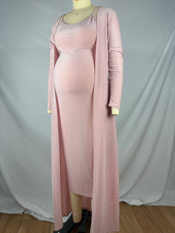 fotobeyou Pink Bright Wire Long Sleeve 2-in-1 Glitter Bodycon Party Cute Baby Shower Plus Size Cardigan Set Maternity Midi Dress