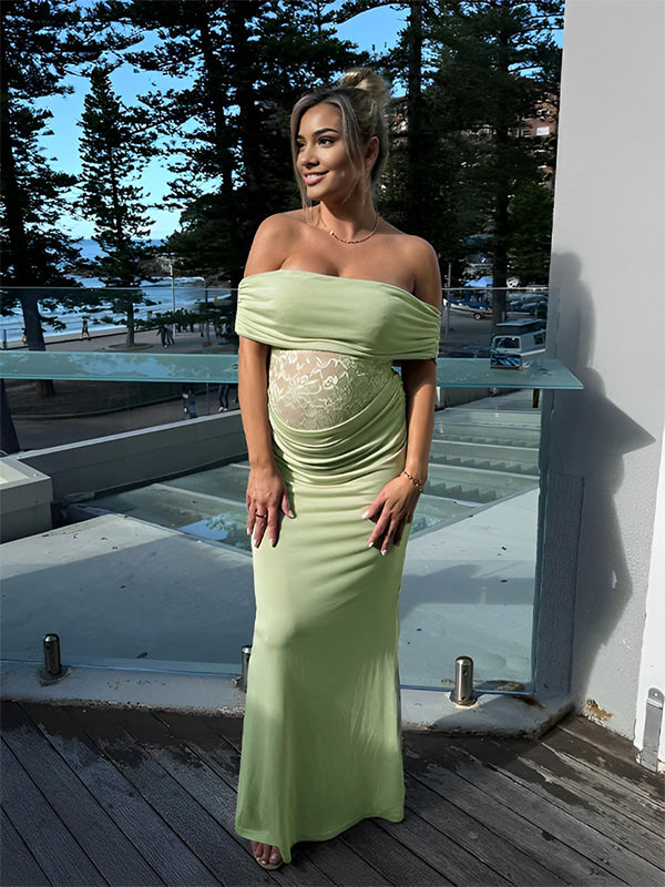 Green Off Shoulder Lace Sheer Splicing Ruched Baby Shower Maternity Maxi Dress