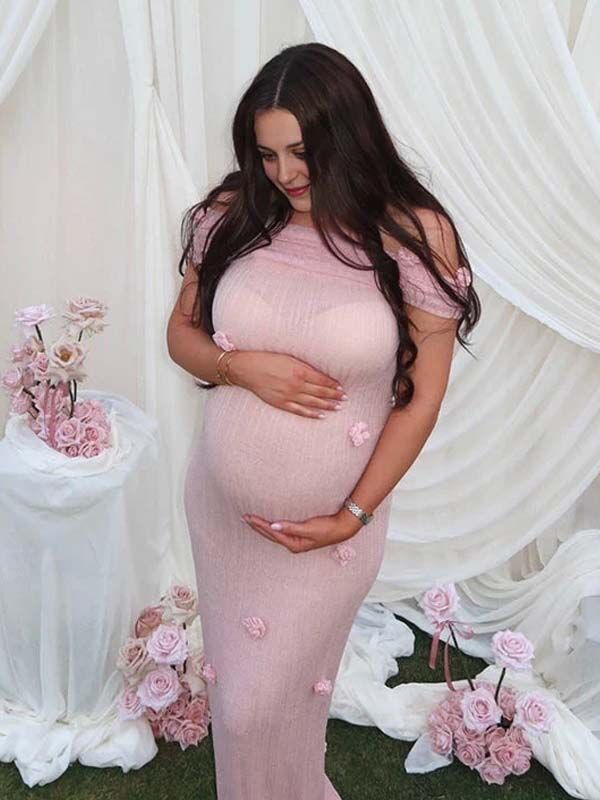 fotobeyou Grenadine Off Shoulder 3D Flowers Bodycon Elegant Photoshoot Babyshower Maternity Maxi Dress