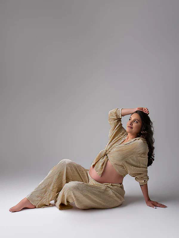 fotobeyou Khaki Buttons Pleat Bell Bottom Jeans Daily Two Piece Going out Maternity Photoshoot Homewear