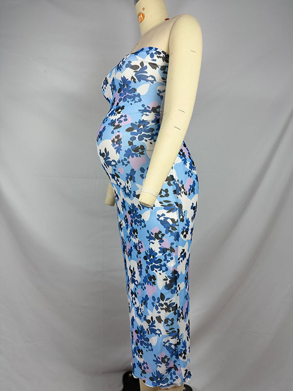 fotobeyou Blue Sleeveless Bandeau Flowers Bodycon Elegant Maternity Baby Shower Party Midi Dress
