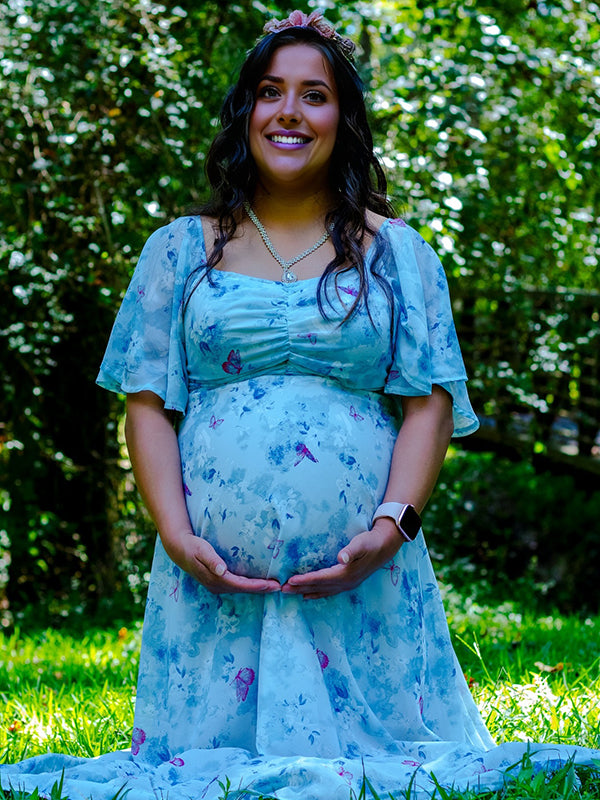 Fotobeyou Ruched Flutter Sleeve Print Maternity Photoshoot Maxi Dress