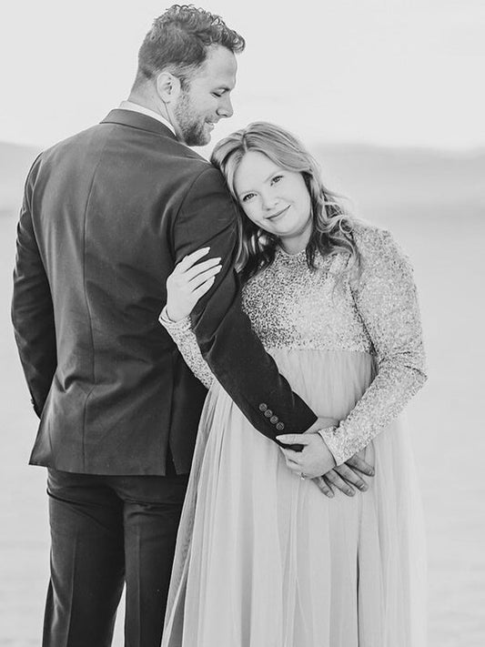 fotobeyou Sequin Tulle Splicing Long Sleeve Party Gown Photoshoot Maternity Baby Shower Maxi Dress