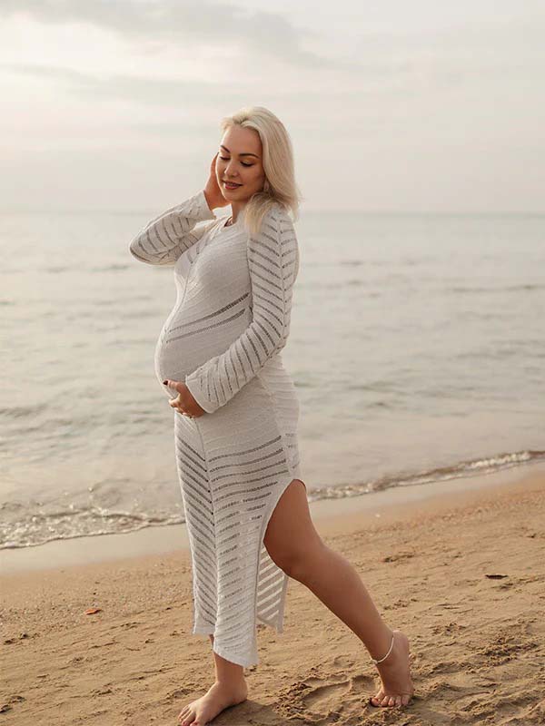 fotobeyou Grey White Striped Cut Out Sheer Bodycon Elegant Photoshoot Baby Shower Maternity Maxi Dress