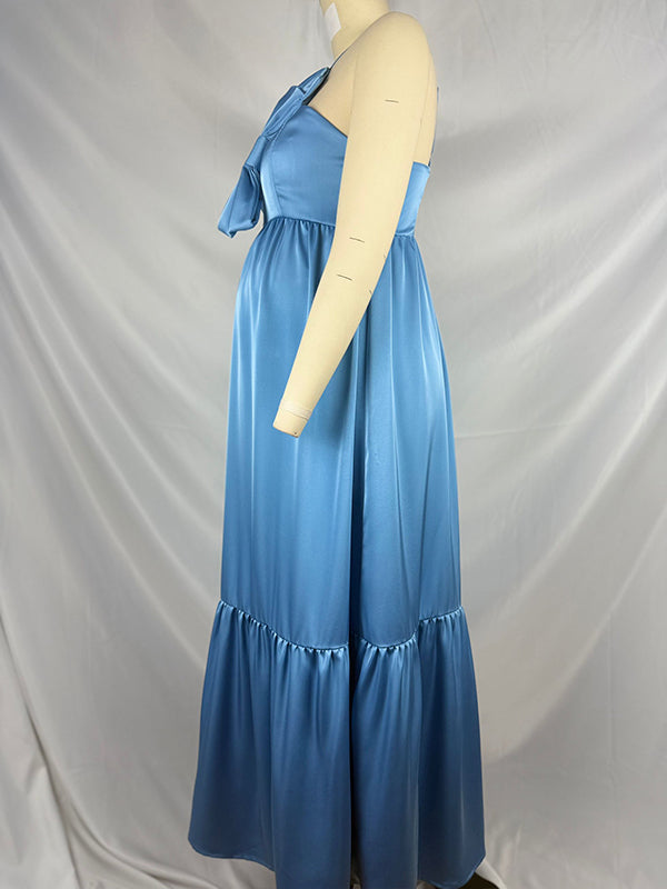 fotobeyou Satin Big Bow One Shoulder A-line Elegant Maternity Baby Shower Maxi Dress