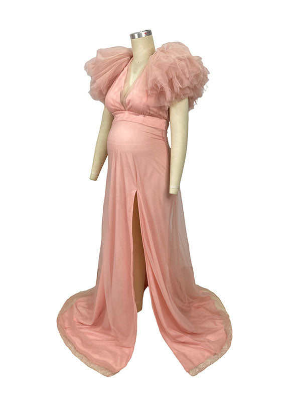 fotobeyou Pink Boho Elegant Ruffle Photoshoot Maternity Dress