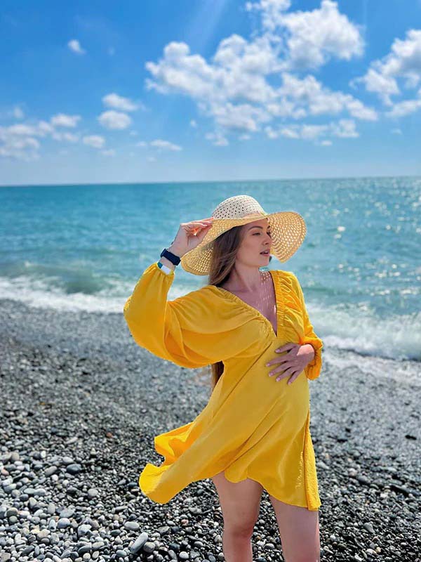 fotobeyou Yellow V neck Puff Sleeve Daily Beach Maternity Photoshoot Mini Dress